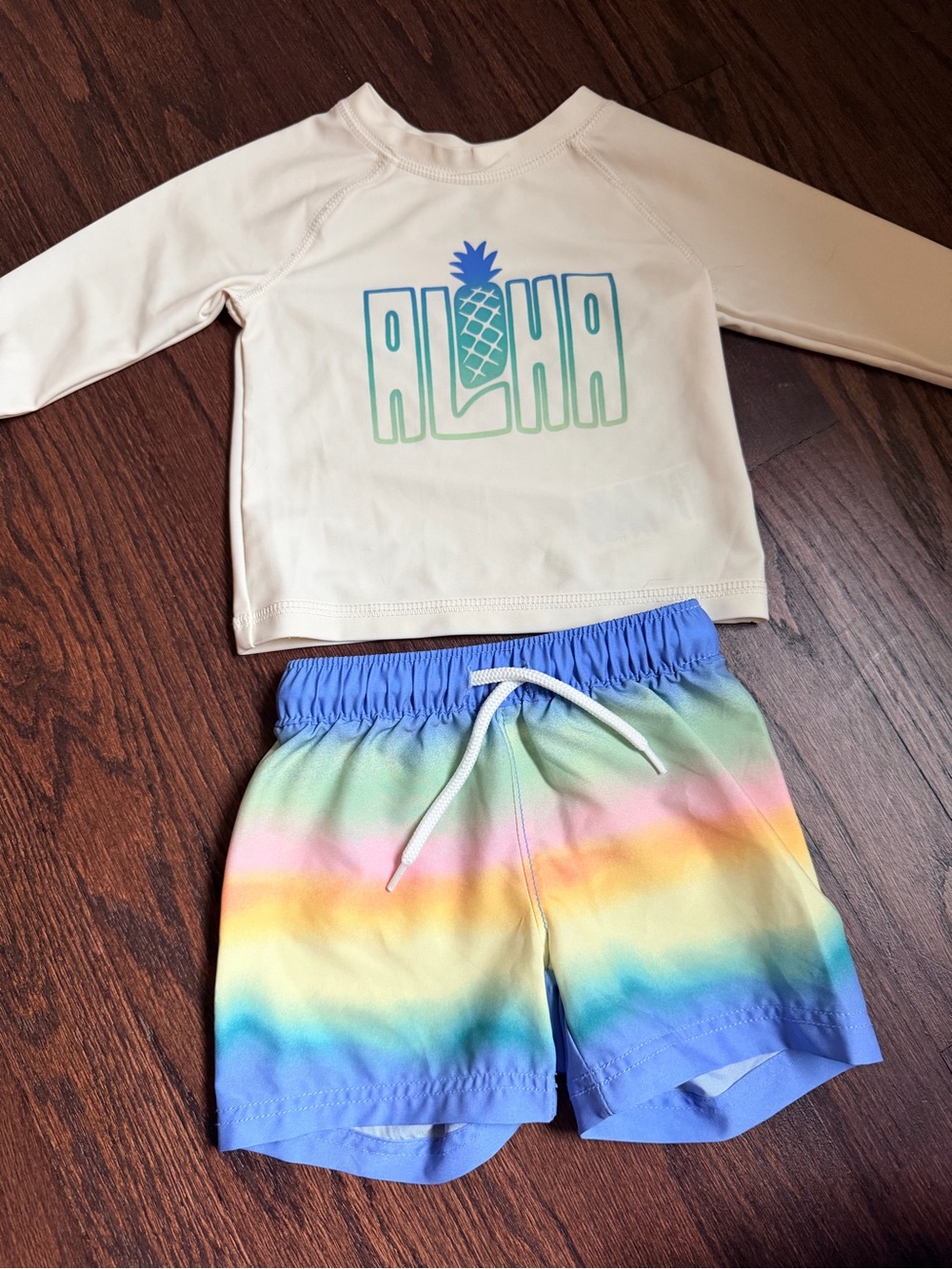 Old Navy Cream Rash Guard with Blue Waistband Swim Shorts